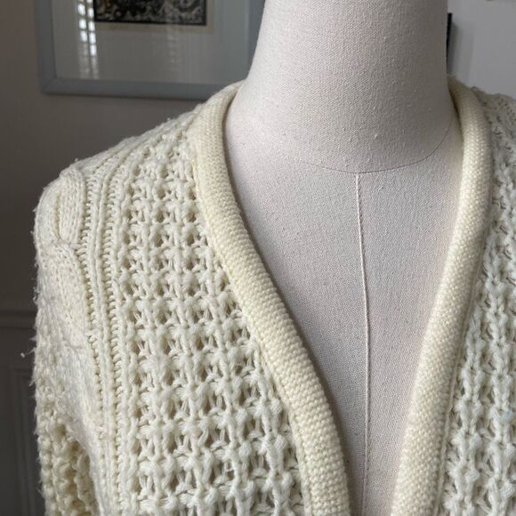 Vintage 80s Exclusive Imports Cropped Cardigan Sweater Fisherman Knit Ivory S M - Picture 3 of 7